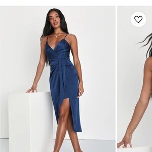 Lulus fabulous affair navy blue satin surplice tulip midi dress